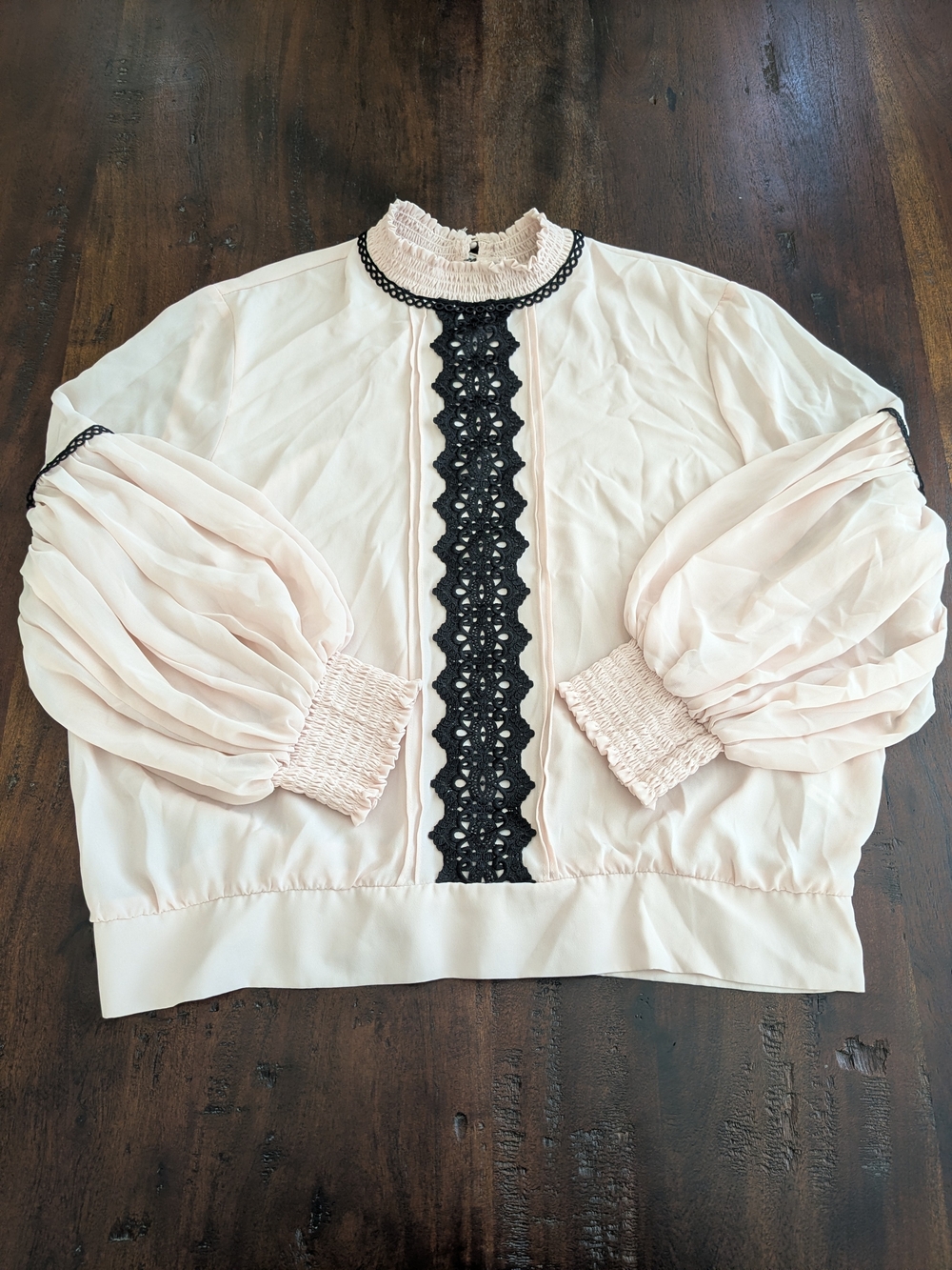New York & Company Blush Long-Sleeve Blouse with Black Lace Trim